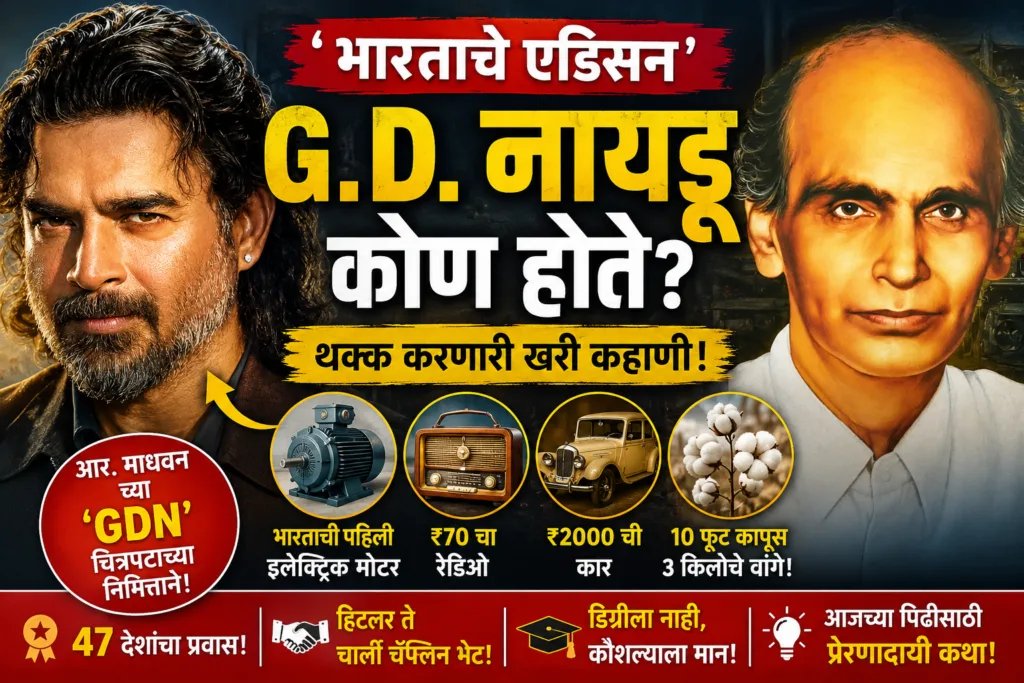 G.D. Naidu Biography in Marathi featured image showing India's Edison with electric motor, vintage bus, radio, car, shaving machine and cotton innovations