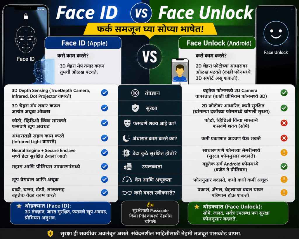 Face ID vs face Unlock , Infrared Camera, Dot Projector आणि AI