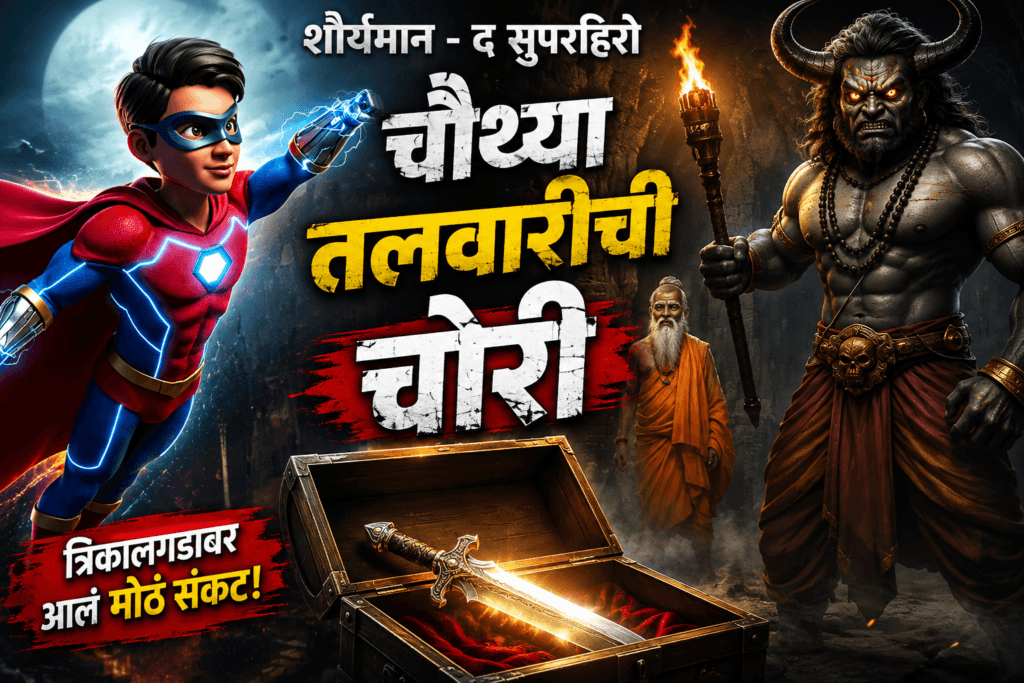 Shouryman शौर्यमान – द सुपरहिरोच्या ‘चौथ्या तलवारीची चोरी’ या रोमांचक भागात त्रिकालगड, रहस्यमय तलवारी, राक्षस आणि नागांतकच्या शोधाची थरारक कथा वाचा.